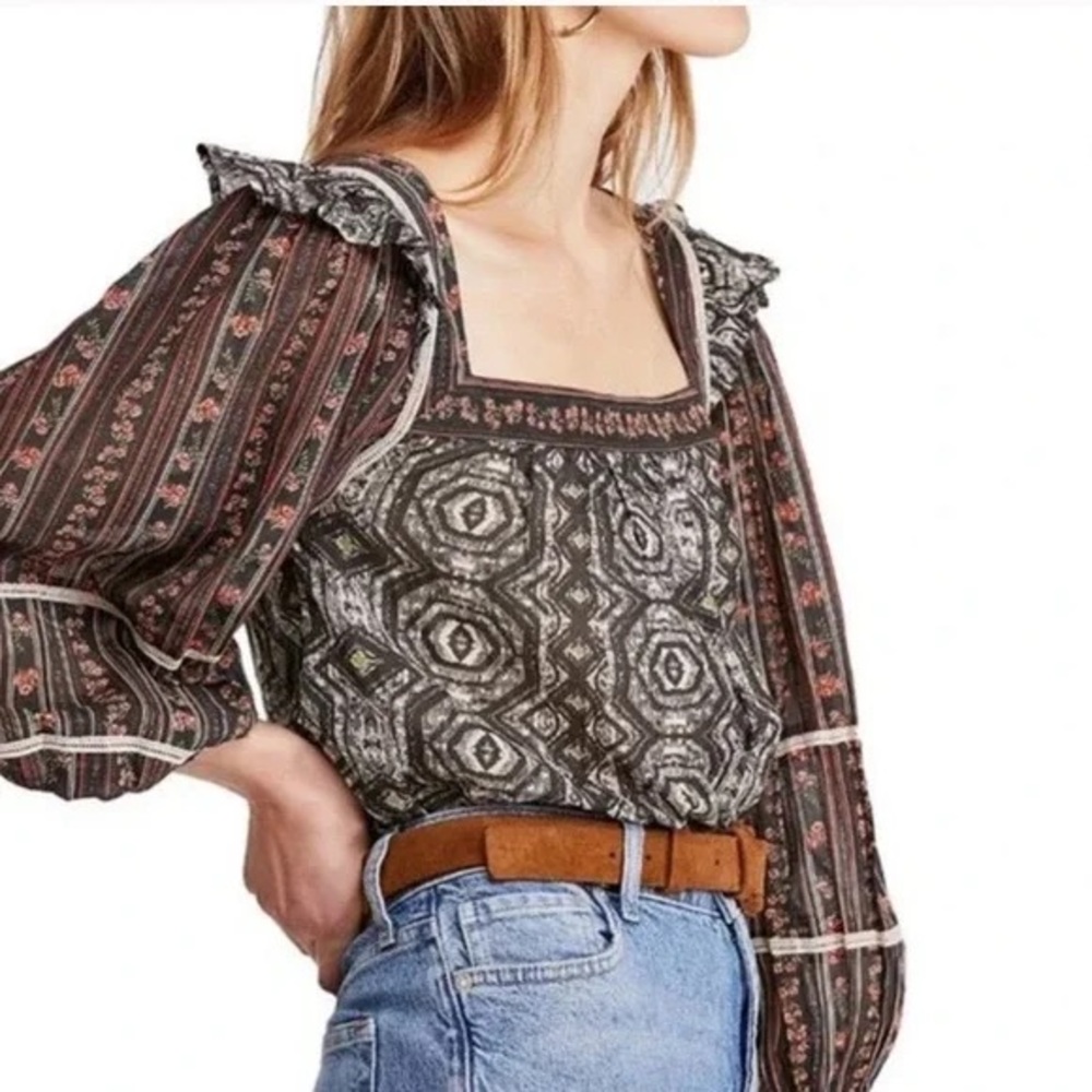 Free People Mostly Meadow Puff Sleeve Ruffle Shoulder Blouse Black